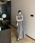 Ladies Chic Dress With Halter Neck Asymmetrical Flowing Hem